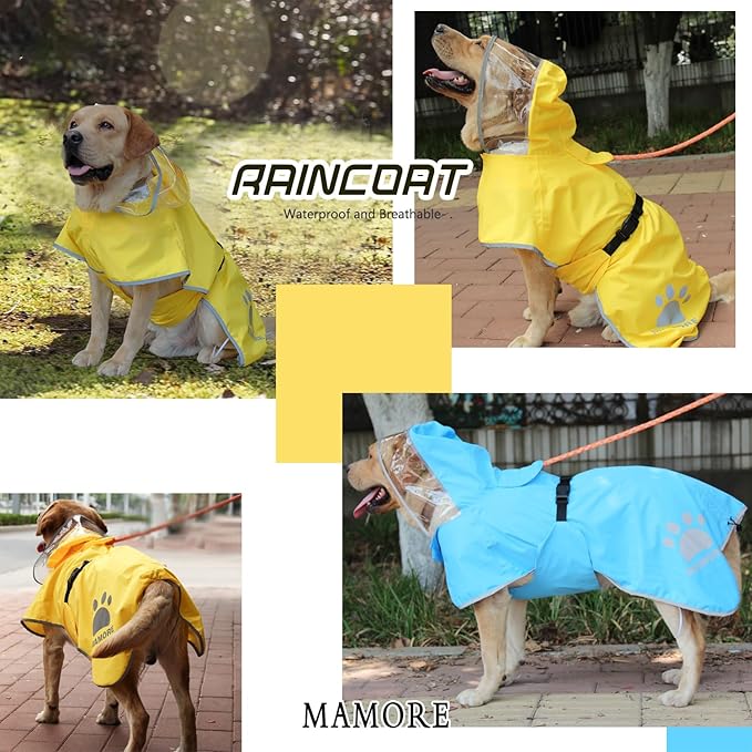 MAMORE Dog Raincoat Hooded Rain Jacket for Small Medium Large Dogs Slicker Poncho Bottom Waterproof Adjustable Reflective Breathable Leash Hole (Blue, Small)