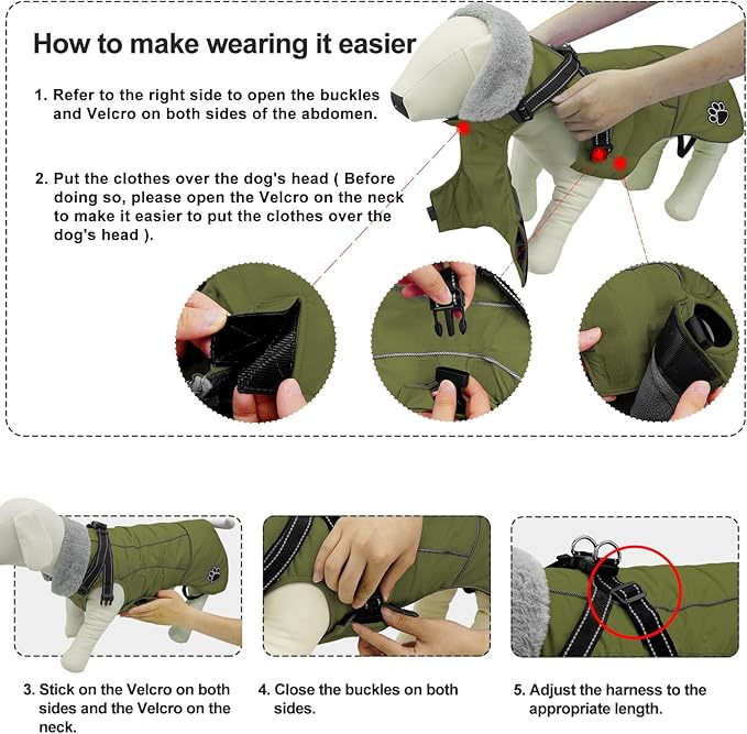 Doglay Dog Coat with Harness, Reflective Warm Dog Jacket Waterproof Puppy Winter Coat for Cold Weather, Adjustable Fleece Jacket for Small Medium Large Dogs
