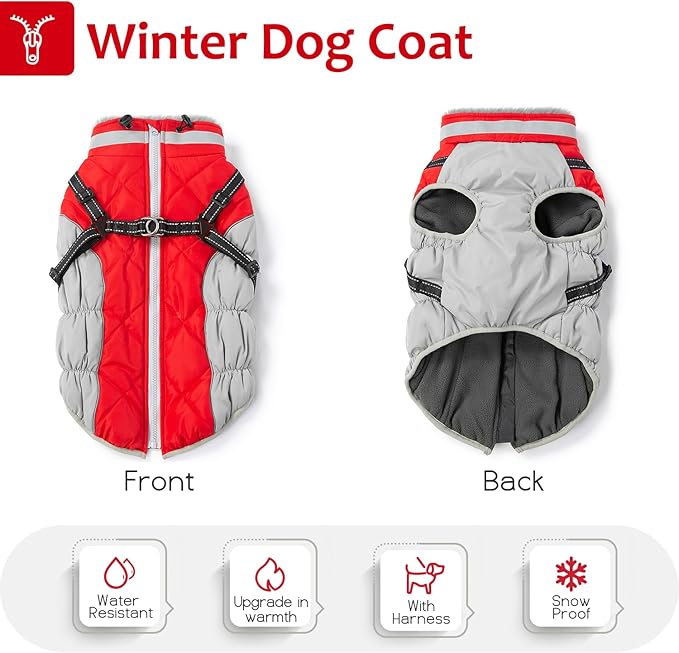 Dog Winter Coat with Harness, Dog Jacket, Pet Clothes with Zipper on Back, Waterproof Windproof Warm Vest, Reflective Cold Weather Coats, for Small Medium Large Dogs, Thick, Red, XL