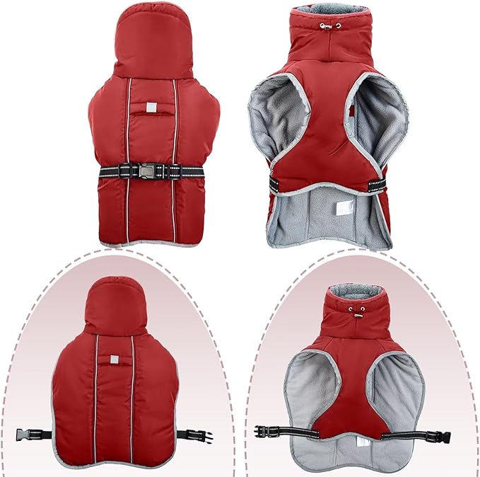 Dog Winter Jackets for Large Dogs,Size L Warm Pet Coat with Leash Hole,Waterproof Dogs Snowsuits Warm Pet Jacket Fleece Cold Weather Coats Reflective Puppy Vest,Dog Cold Weather Coats,Red,L