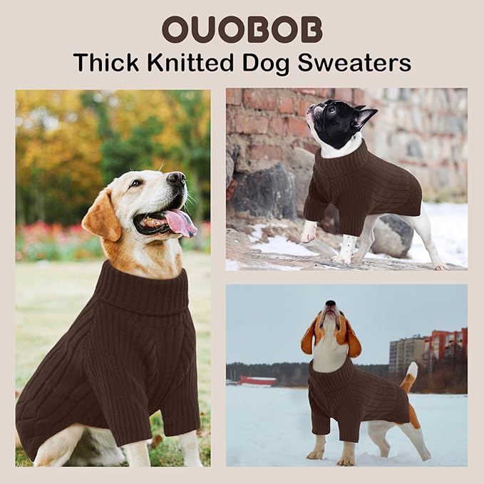 Large Dog Sweater - Turtleneck Thick Warm Doggie Christmas Sweater for Girl Boy Dogs (Brown L)