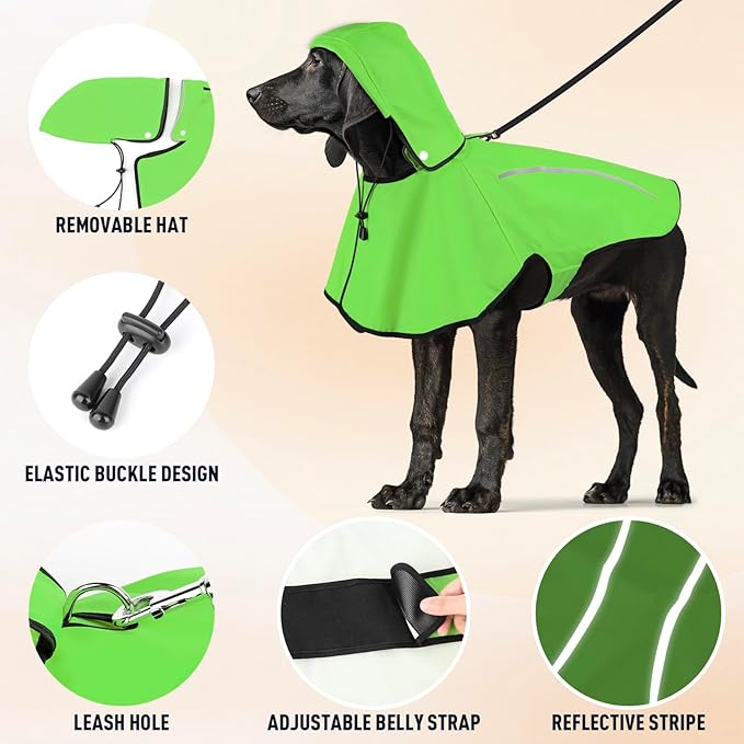 Flashseen Dog Rain Coat, Waterproof Dog Raincoat with Removable Hoodie, Pet Rain Jacket with Reflective Strip, Adjustable Lightweight Dog Hooded Raincoats for Medium Dogs