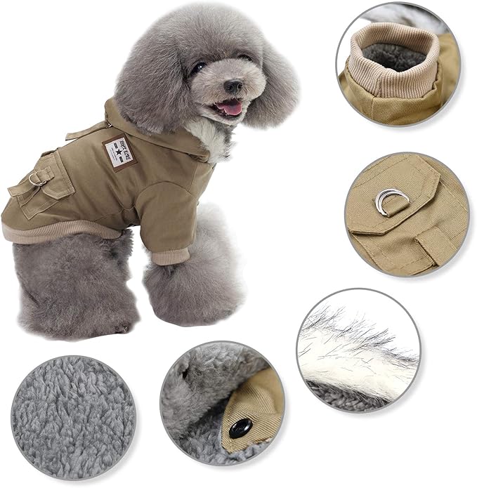 Warm Dog Hooded Trench Coat Windproof Parka Jacket for Cold Weather (M, Khaki)