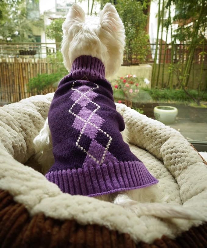 Argyle Knit Pet Sweaters Clothes for Medium Dogs, Classic Purple Dog Sweater X-Large (XL) Back Length 19"