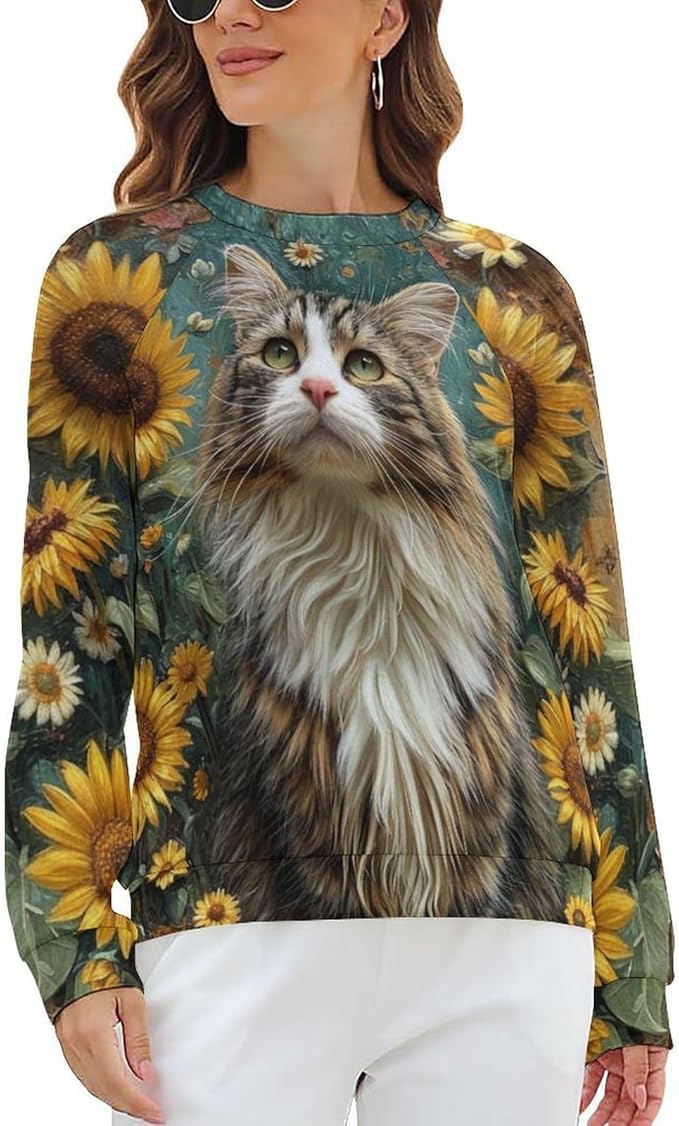 Long Sleeve Shirts for Women Cat Oil Painting Shirt 3D Graphic Sweatshirts Fall Pullover Crewneck Vintage Boho Tops