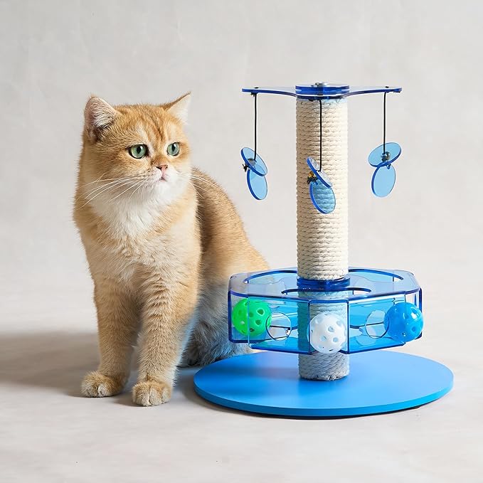 Modern 3-in-1 Interactive Cat Toy with Scratching Post, Rotating Cat Puzzle Toys for Indoor Cats with Colorful Jingle Balls, Spinning Teaser Disc with Dangling Toys, Acrylic, Blue