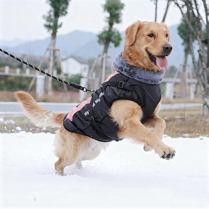 Dog Coat for Medium Large Dogs,Waterproof Reflective Dog Winter Jacket with Harness, Fleece Snowsuit,Warm Pet Winter Coat(pink-4XL)