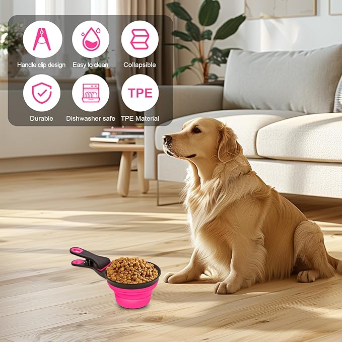 Collapsible Silicone Dog Food Scoop Foldable Pet Food Measuring Cup with Bag Clip 3 in 1 Multi-Function Silicone Dog Food Scooper (Rose Red, Medium)