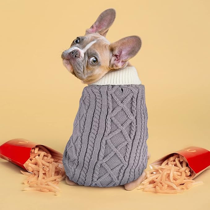 Small Dog Sweaters with Leash Hole Turtleneck Dog Sweaters Knitwear Boys Girls Warm Soft and High Stretch Pet Clothes for Fall Winter,Pet Shirts for Kitten Puppy Grey Large