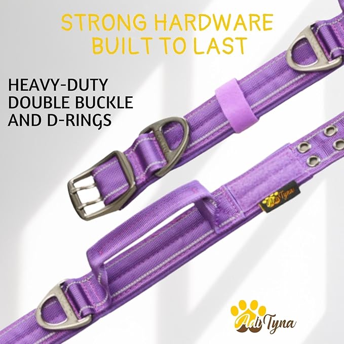 ADITYNA Heavy Duty Dog Collar for Medium Dogs - Reflective Purple Collar with Handle for Training, and Walking - Wide, Thick, Tactical, Soft Neoprene Padded