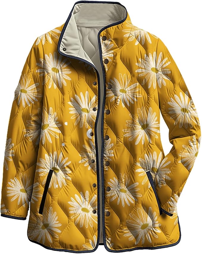 LIZALIG Women's Cropped Puffer Jacket Lightweight Floral Print Long Sleeve Padded Quilted Puffy Cardigan Coat