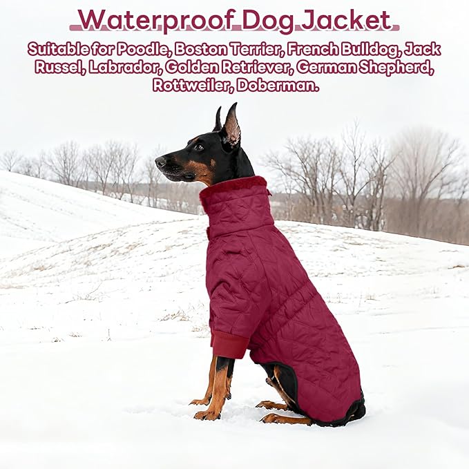 IDOMIK Dog Winter Coat for Large Dogs, Warm Dog Winter Jacket with Fleece High Collar, Zippered Cold Weather Coats for Dogs, Waterproof Doggy Snow Jacket Clothes,WineRed,L
