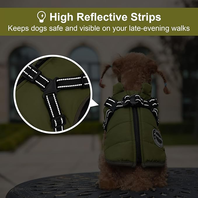 Warm Dog Winter Coat, Windproof & Waterproof Jacket with Built-in Harness, Reflective & Adjustable Comfortable Pet Vest for Small Dogs (Green)