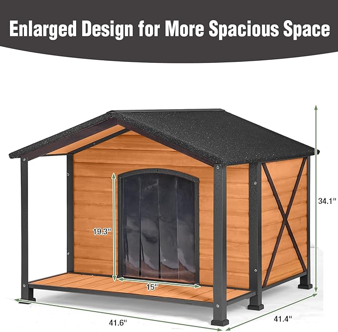 Extra Large Insulated Dog House Outdoor, Weatherproof Wooden Dog House with Porch for Winter with 6 Sides All-Round Foam with Strong Metal Chew Proof Frame