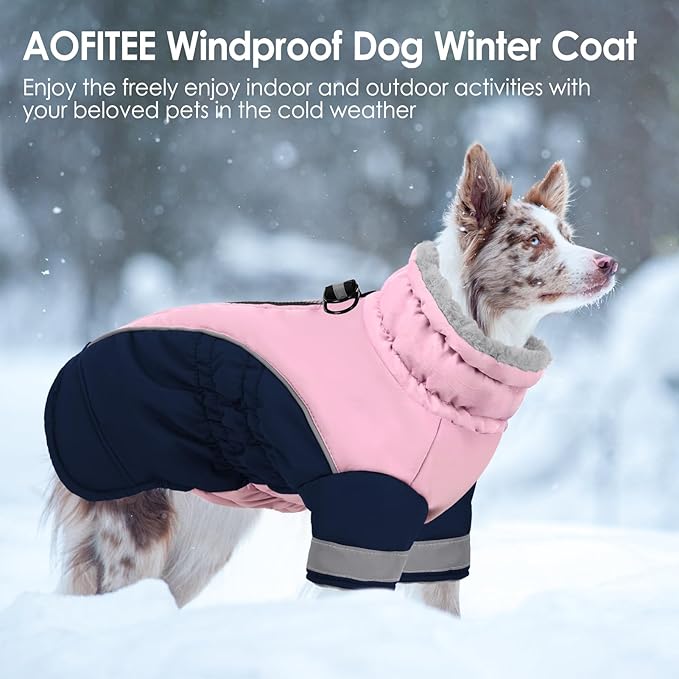 AOFITEE Dog Warm Fleece Turtleneck Coat, Windproof Waterproof Winter Jacket with Harness, Pink Navy Blue, Large