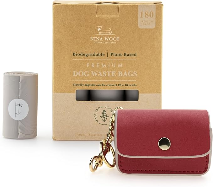 NINA WOOF Leather Poop Bag Holder- Versatile Vegan Leather Waste Bag Holder for Dog Poop, Accessories, & Leash, Reusable Pet Waste, Trash, Pet Diaper & Poop Bags Small Pouch Holder (Red)