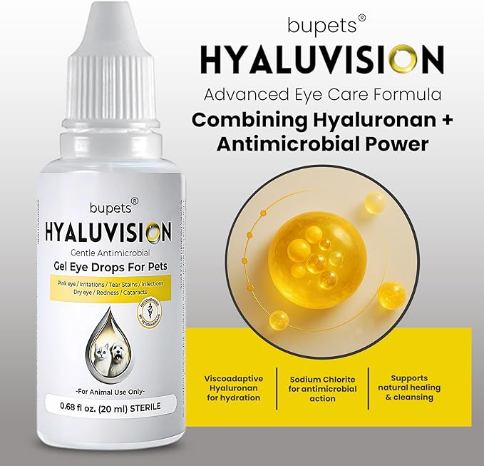 Hyaluvision Gel Eye Drops for Pets – 0.40% Hyaluronan, Relieves Dry Eyes & Infection, Soothes Allergy & Pink Eye, Lubricant, Hydration & Tear Stain Remover, 0.68 fl oz