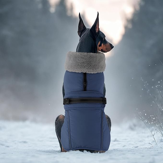 PETDSH Dog Coat Small, Windproof Dog Jacket with Warm Fleece Lining, Thickened Collar Dogs Winter Coat, Adjustable Reflective Pet Coats for Cold Weather (Navy Blue, Small)