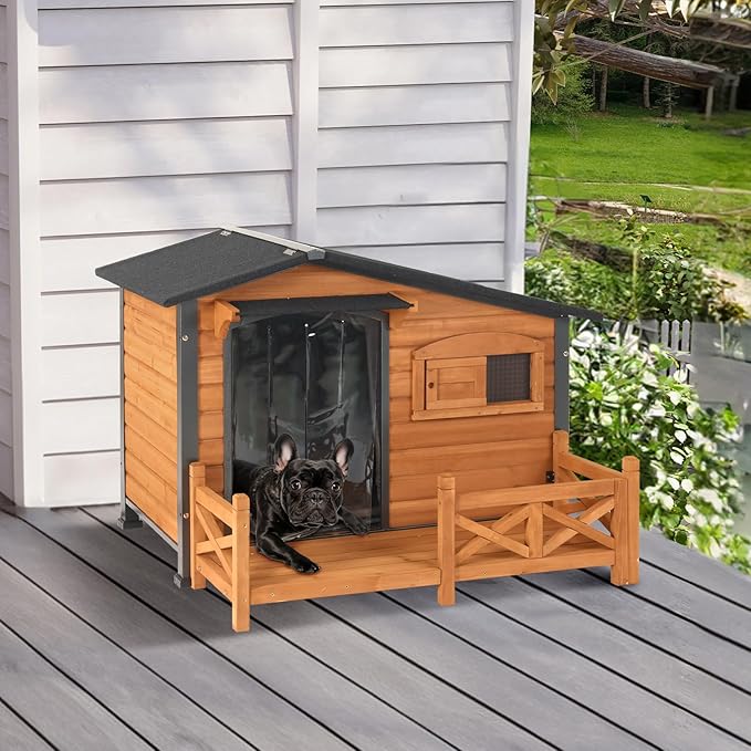 Dog House for Outdoor Use with Matel Frame, Waterproof Design- All-Weather Wooden Kennel with Sliding Window & Metal Frame (Wood, L)