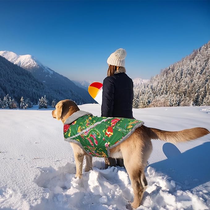 VIVAGLORY Snowrap Dog Coat, Jacket with Harness Hole & Velcro Closure, Dog Coat for Winter & Cold Weather, Fluffy Warm Fleece Lined Reflective Water Resistant for Puppy, XS, Northeast Florals-Green