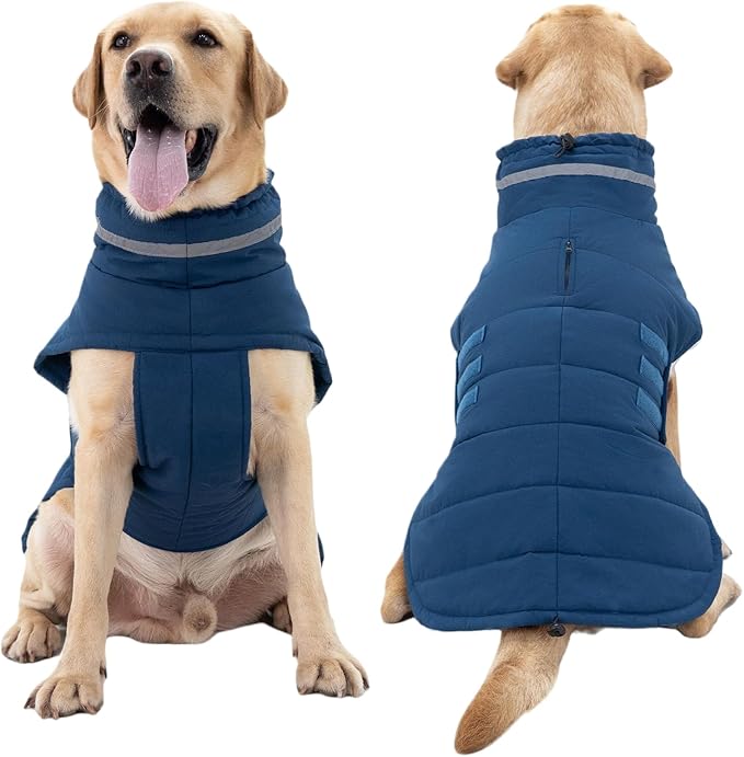 Dog Coat, Waterproof Winter Jacket, Warm Windproof Vest, Reflective Adjustable Turtleneck Coats for Medium and Large Dogs with Hook & Loop - Blue - L