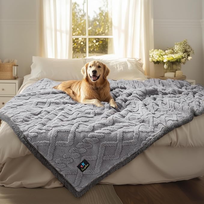 Waterproof Pet Blanket, Liquid Pee Proof Dog Blanket for Sofa Bed Couch, Reversible Sherpa Fleece Furniture Protector Cover for Small Medium Large Dogs Cats, Light Grey King Size(90" x 82")