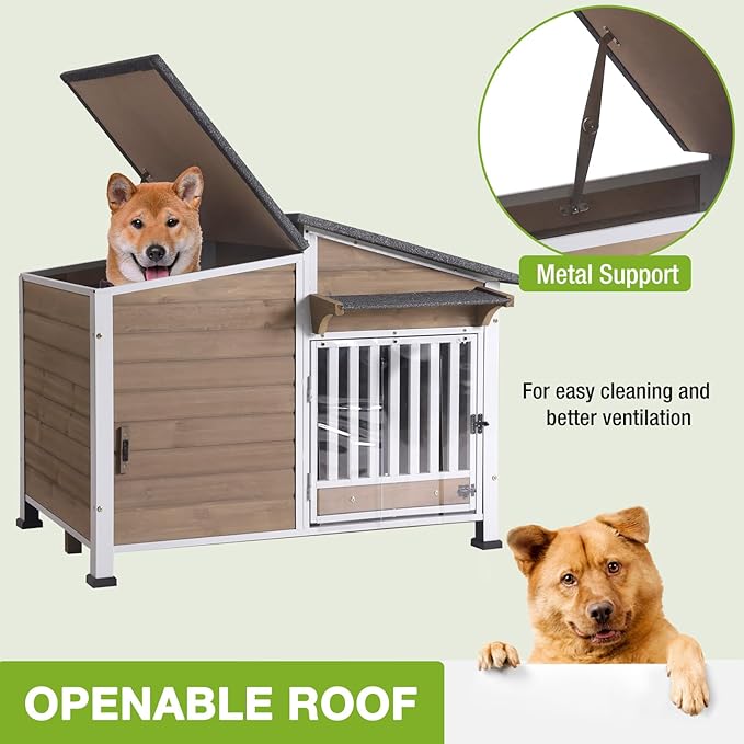 Heated Dog House Outdoor, Insulated Dog Kennel with Heating Pad for Winter, Weatherproof Dog Shelter with Anti-Chewing Metal Frame and Bowls for Small Medium Large Dogs (Light Brown