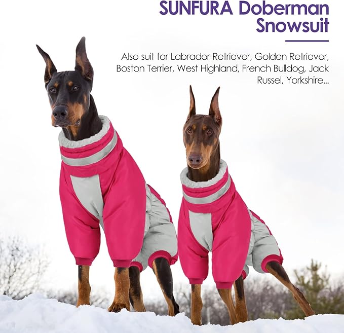 SUNFURA Full Body Dog Coat - Warm Fleece Jacket for Medium Dogs, Turtleneck Winter Coats with Harness, Reflective Dog Snowsuit Windproof Puffer Jackets with Legs for Boston Terrier, Hot Pink M