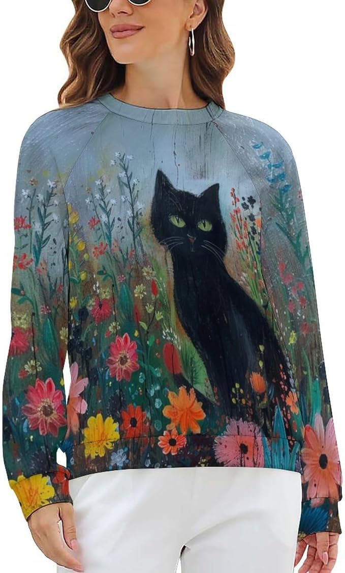 Long Sleeve Shirts for Women Cat Oil Painting Shirt 3D Graphic Sweatshirts Fall Pullover Crewneck Vintage Boho Tops