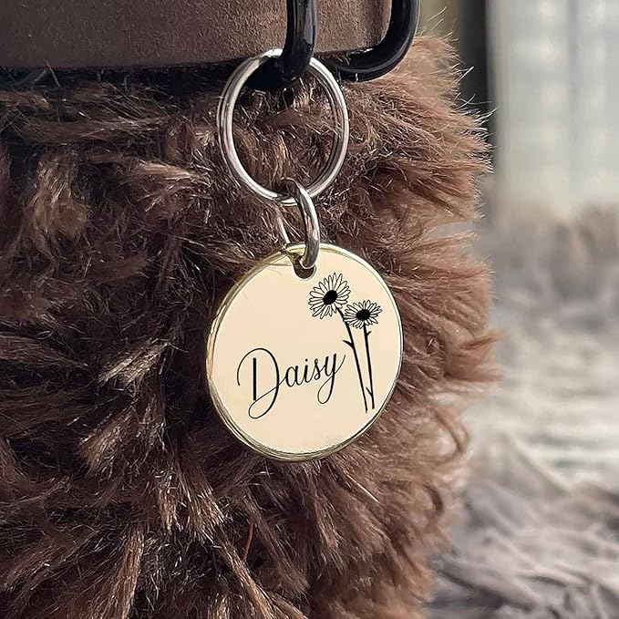 Cats Dogs ID Tags Personalized Engraving Birth Flowers Pattern for Custom Pets Collar Accessories Matt Stainless Steel Medium Round Name Plate