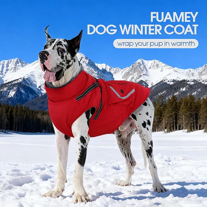 FUAMEY Dog Waterproof Winter Coat, Warm Dogs Jacket Reflective, Pet Fleece Lined Vest with Pockets, Cold Weather Clothes for Doggy, Dog Coats with Built in Harnesses, Schnauzer (Red, M)