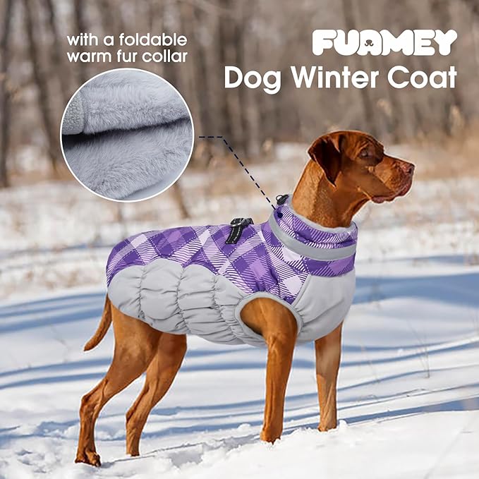 FUAMEY Dog Coat for Large Dogs,Waterproof Dog Winter Jacket with Harness Built in Puppy Cold Weather Coats Reflective Pet Vest with Zipper Warm Fleece Dogs Snowsuit Windproof Purple Plaid 3XL