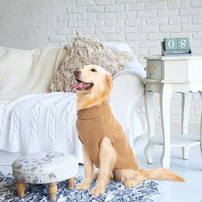 Mihachi Turtleneck Dog Sweater - Winter Coat Apparel Classic Cable Knit Clothes with Leash Hole for Cold Weather, Ideal Gift for Pet in New Year Khaki Medium