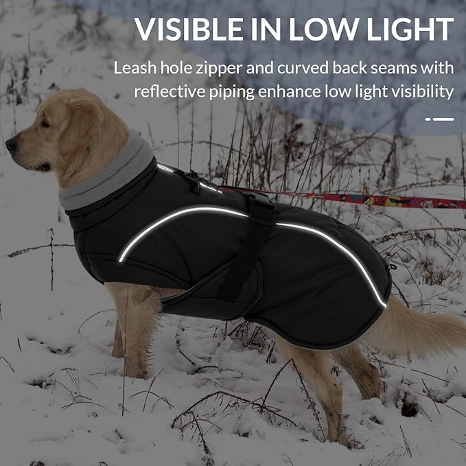 Queenmore Winter Dog Coat Warm Dog Jacket Vest Waterproof Puffer Fleece Snowsuit Adjustable Buckle Leash Hole Reflective Cold Weather Parka for Small Medium Large Dogs Girl Boy Black M