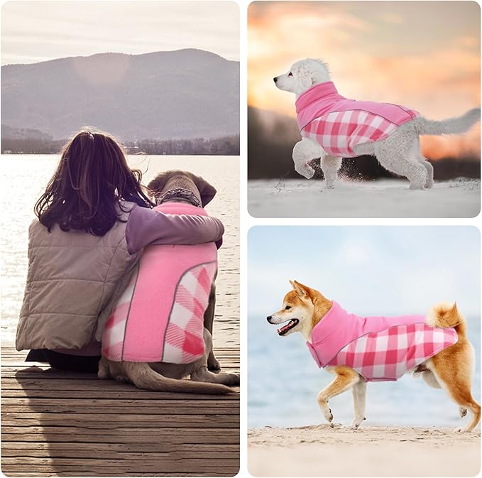Kuoser Dog Winter Coat, Reversible Waterproof Dog Jacket with Reflective Strip, Warm Dogs Fleece Vest Adjustable Doggy Cold Weather Clothes Plaid Christmas Outfit Pet Apparel for Large Dogs, Pink L