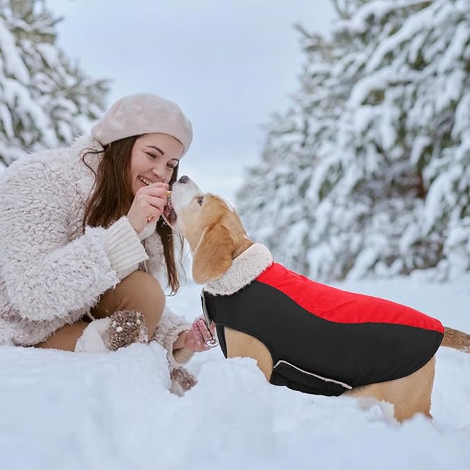 Warm Dog Coat,Waterproof Jacket in Winter Adjustable and Reversible Doggy Fleece Outfit,Thick Clothes with Foldable Collar for Puppy in Cold Days,XL Red