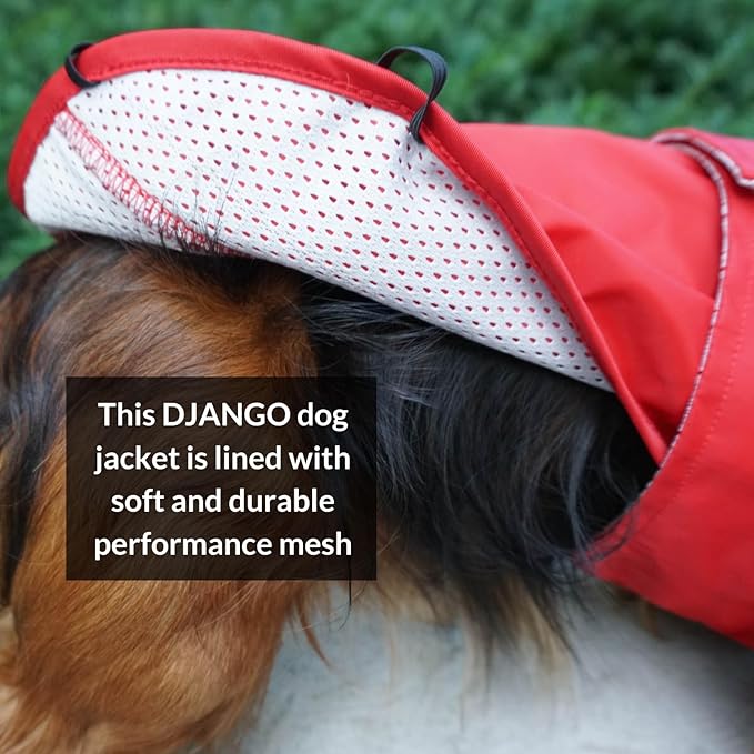 DJANGO Dog Jacket & Raincoat – Lightweight Water-Resistant Coat for Small, Medium & Long Dogs Like Dachshunds – Reflective, Adjustable Fit, Harness-Compatible & Easy-Access Harness Hole - Red, Large