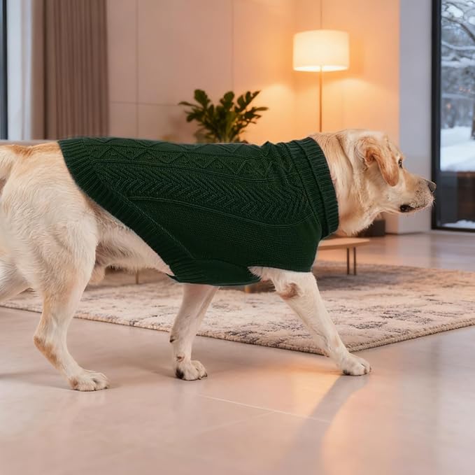 PUPTECK Dog Sweater, Turtleneck Warm Knitted Pullover Coat, Thick Cable Knitwear Clothes in Winter, Pet Apparel Outfits for Small Medium Dogs, for Cold Weather Indoor & Outdoor, Deep Green M