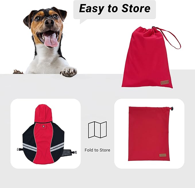 Dog Raincoat for Medium Large Extra Large Dogs, Waterproof Rain Jacket with Reflective Strap, Lightweight Hoodies Full-Body Coverage Dry Clothes (L, Red)