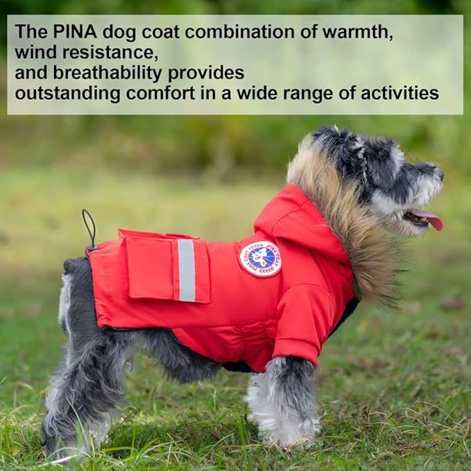 PINA Small Dog Coats - Waterproof & Windproof Dog Jacket with Pocket, Warm Flannel Lining & Faux Fur Hood for Cold Weather