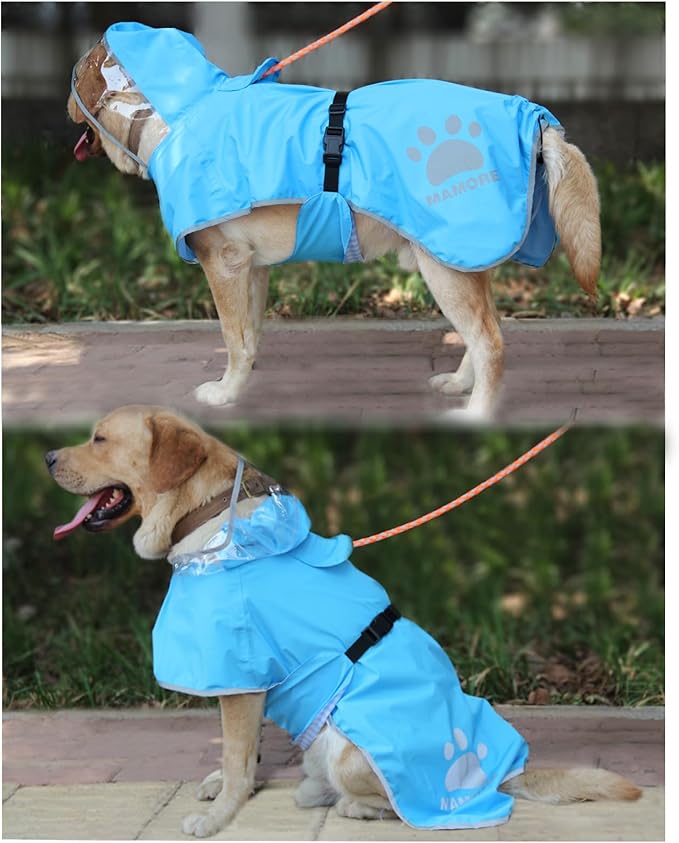 Waterproof Dog Raincoat, Reflective Adjustable Hooded Dog Rain Coat, Lightweight Breathable Pet Rain Jacket Poncho Double Layer with Leash Hole for Small Medium Large Dogs (Blue, X-Large)