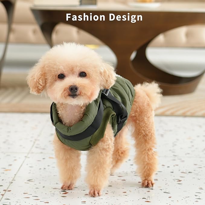 Dog Jacket with Harness,Fleece Lined Warm Puppy Coat for Winter,Soft Windproof Small Dog Vest,Green XS