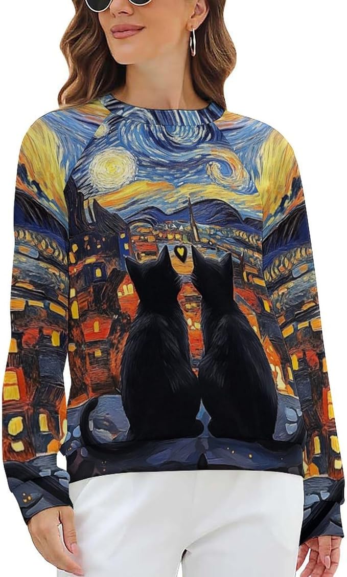 Long Sleeve Shirts for Women Cat Oil Painting Shirt 3D Graphic Sweatshirts Fall Pullover Crewneck Vintage Boho Tops