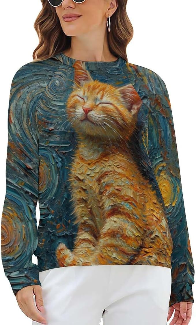 Long Sleeve Shirts for Women Cat Oil Painting Shirt 3D Graphic Sweatshirts Fall Pullover Crewneck Vintage Boho Tops