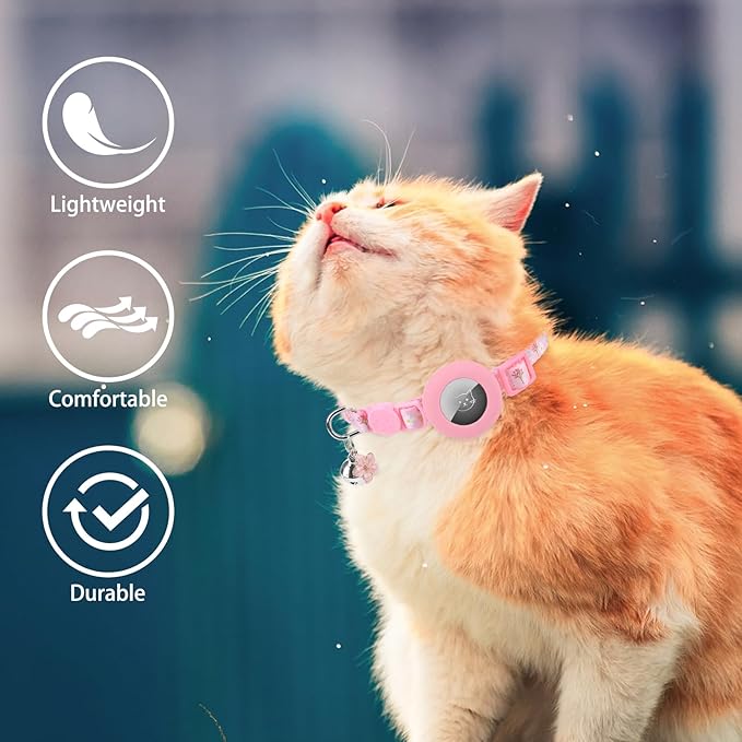 PUPTECK Airtag Cat Collar Breakaway 2 Pack with Bells, Reflective Kitten Collar with Air Tag Holder for Boy Girl Kitty and Puppies, Soft, Pink