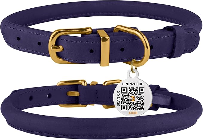 BronzeDog Rolled Leather Dog Collar with QR ID Tag, Adjustable Soft Round Collars for Small Medium Large Dogs Puppy (7" - 10" Neck Size, Violet)