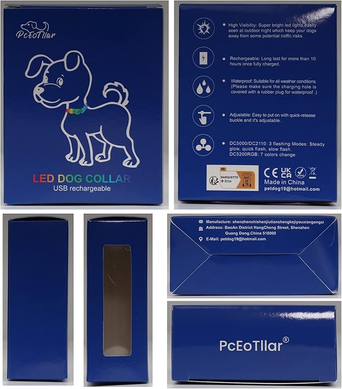 Pceotllar Lighted Dog Collar - Rechargeable, Water-Resistant LED Flashing, Glow in the Dark for Large, Small, Medium Dogs