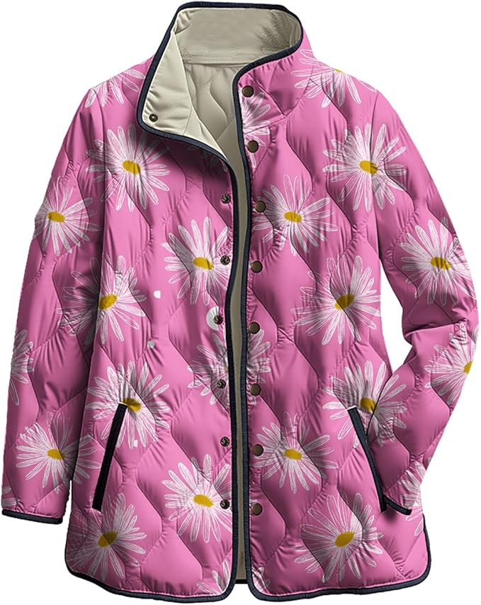 LIZALIG Women's Cropped Puffer Jacket Lightweight Floral Print Long Sleeve Padded Quilted Puffy Cardigan Coat