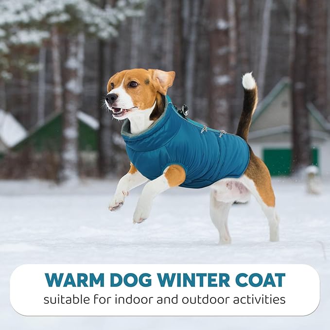 IDOMIK Warm Dog Coat with Harness, Waterproof Reflective Dog Jackets for Small Medium Large Dogs, Fleece High Collar Winter Jacket with Zipper, Pet Winter Snowsuit Clothes for Cold Weather,Blue M