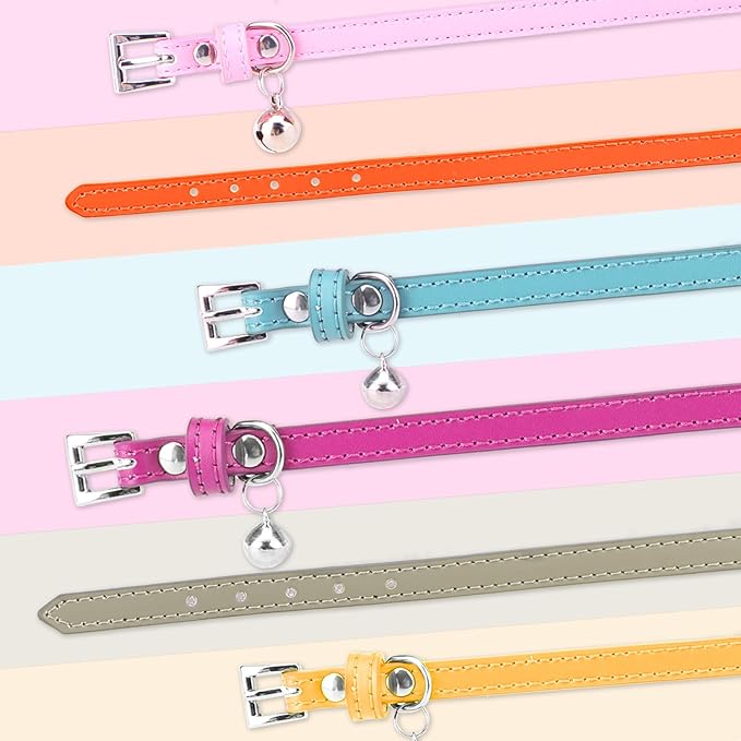 PUPTECK 2 PCS Soft Genuine Leather Cat Kitten Collar with Bells Adjustable for Girl Boy Cats Puppy - Orange, Purple